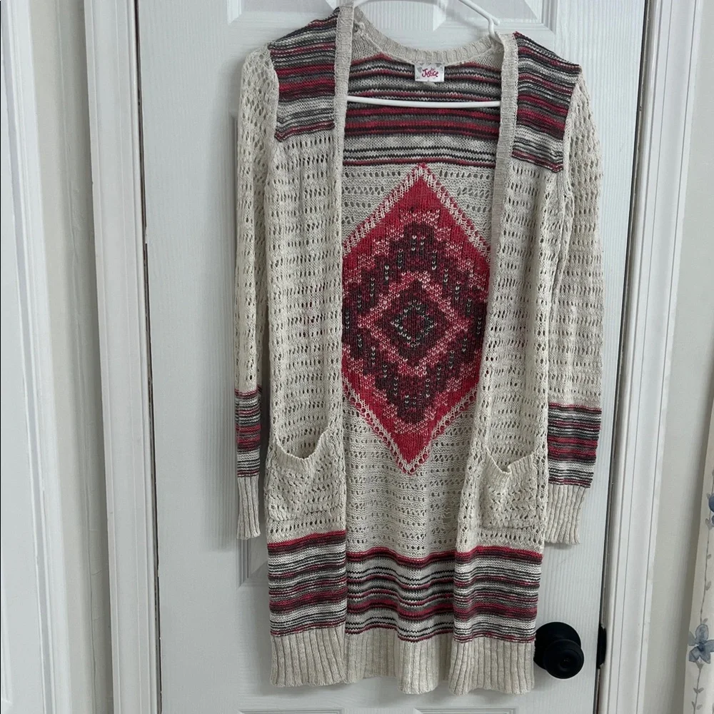 Justice Girls Size 12 Open Knit Cardigan Sweater Cream Pink Aztec Design